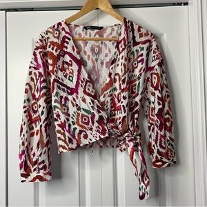 Zara Multicolor Patterned Wrap 3/4 Ballon Sleeve Blouse Size S